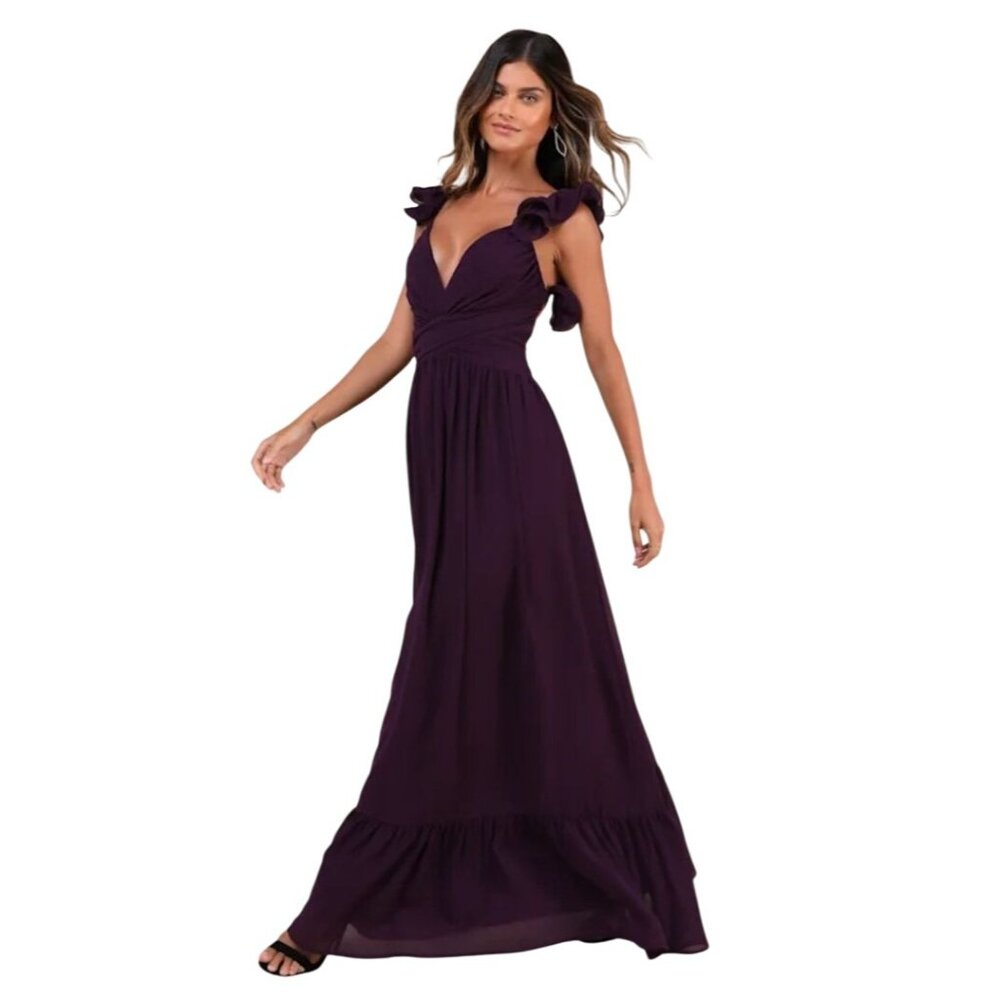 NEW Lulus Soiree Celebration Purple Ruffled Lace-Up Maxi Dress, Size XS - Picture 3 of 16